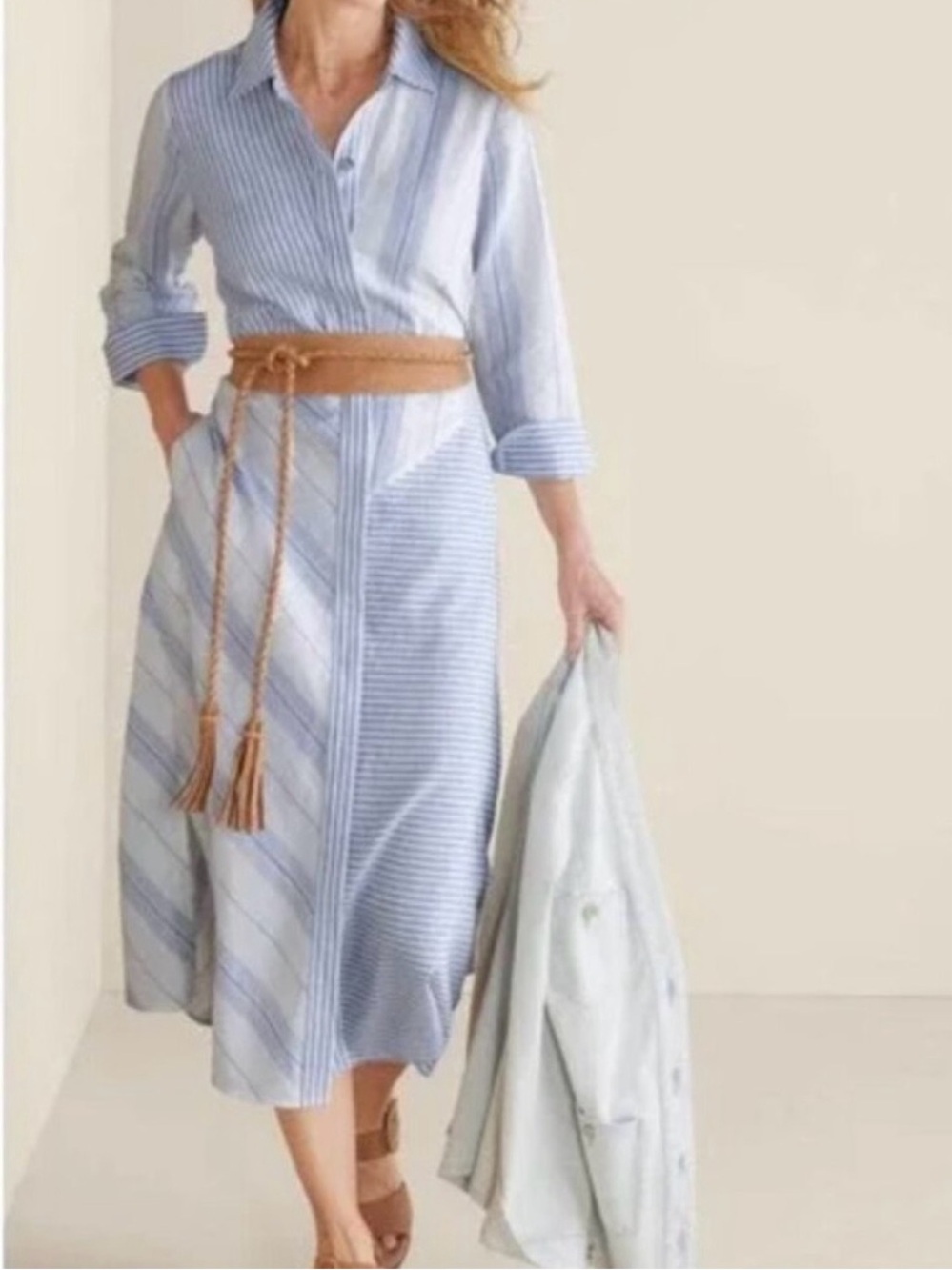 Soft Surroundings Seaport Linen Blue and White Striped Midi Shirt Dress, Size 2X - Picture 3 of 15